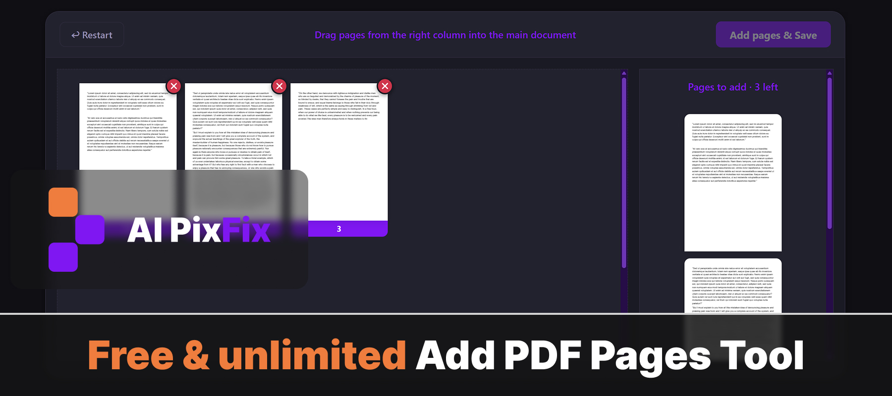 Herramienta online gratuita e ilimitada para agregar páginas a PDF — AI PixFix