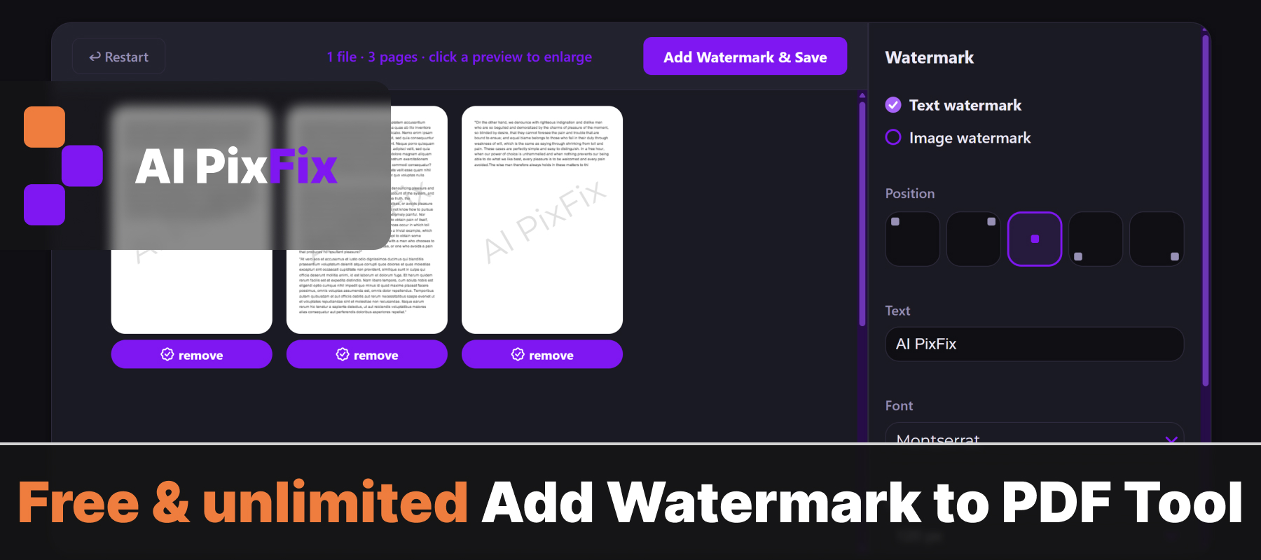 Herramienta online gratuita e ilimitada para añadir marcas de agua a PDF - AI PixFix
