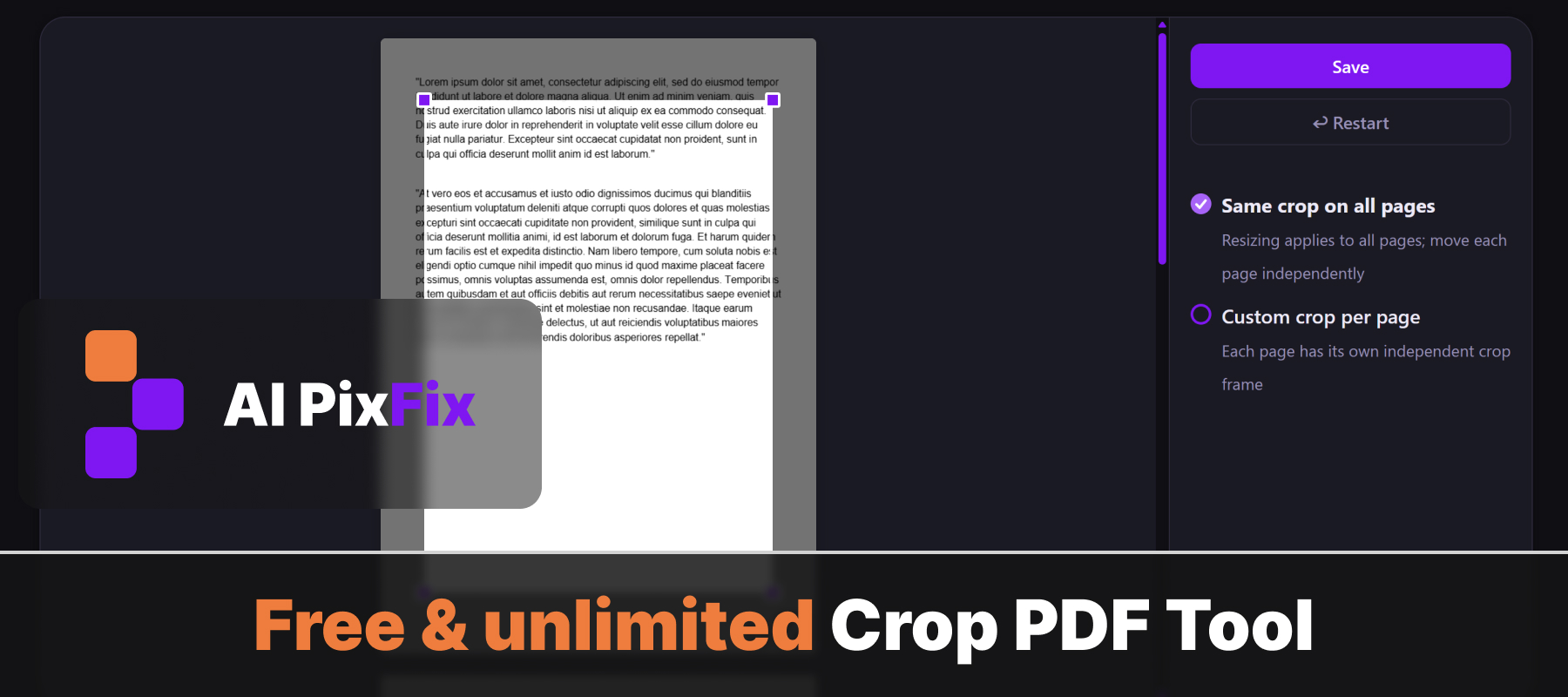 Herramienta online gratuita e ilimitada para recortar páginas PDF - AI PixFix