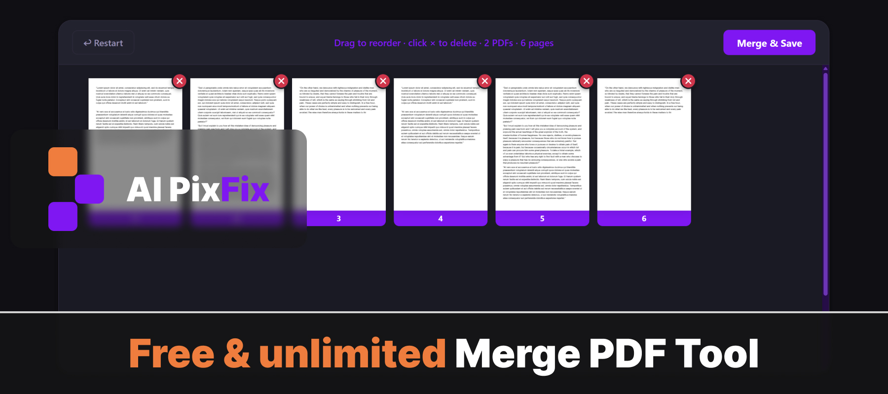 Herramienta online gratuita e ilimitada para unir varios PDF en uno — AI PixFix