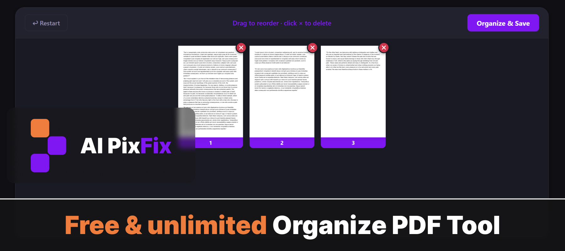 Herramienta online gratuita e ilimitada para organizar y reordenar páginas de PDF — AI PixFix