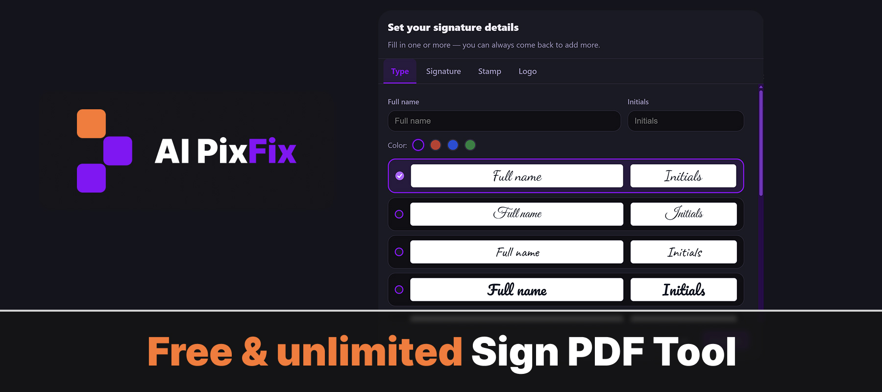 Herramienta en línea gratuita e ilimitada para firmar PDF con firma, sello o logotipo - AI PixFix