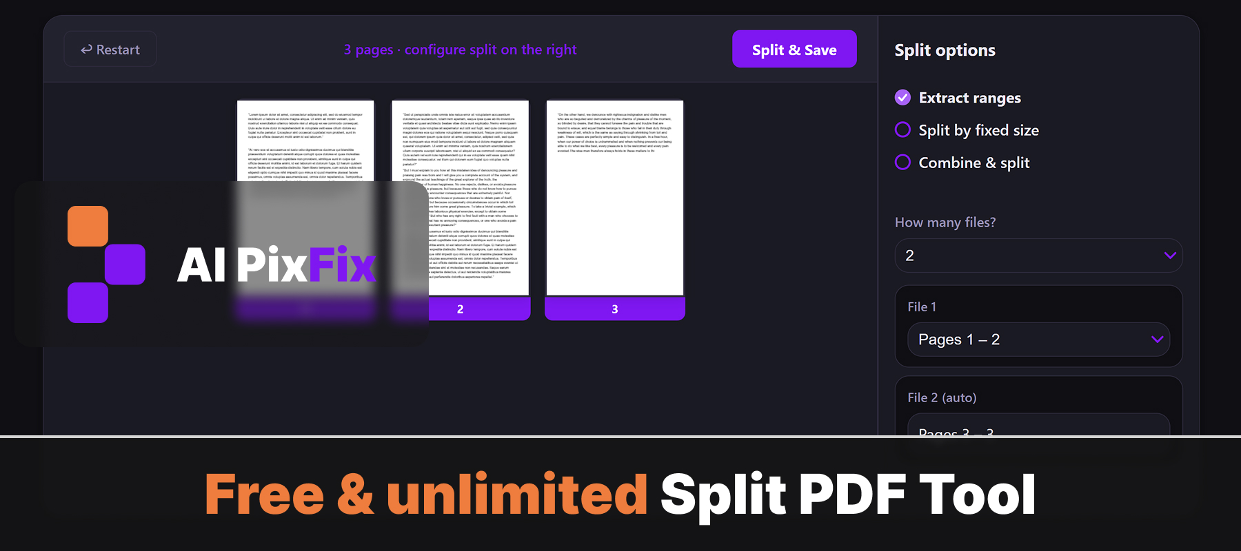 Herramienta online gratuita e ilimitada para dividir un PDF en varios archivos — AI PixFix